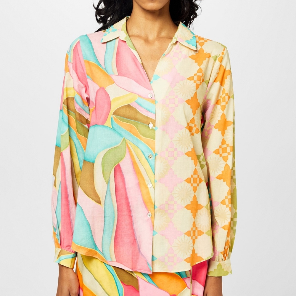 NEVER FULLY DRESSED 'Miley" Button Up Cotton Shirt Multi Pastel Abstract 16 - Picture 2 of 7